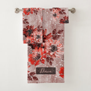 Red, burgundy flowers. bath towel set