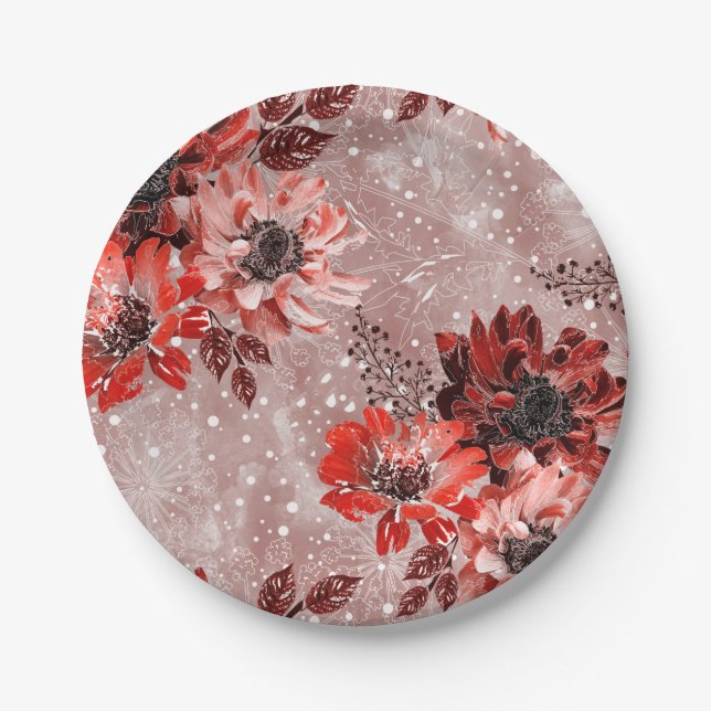 Red, burgundy flowers. paper plate (Front)