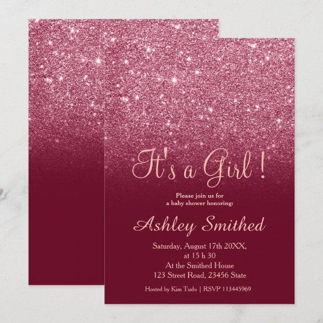 Red burgundy glitter chic ombre girl baby shower invitation (Front/Back)
