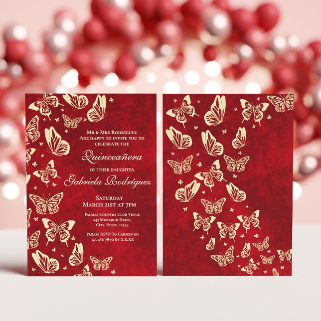Red Burgundy Gold Butterfly Mis Quince 15 birthday Invitation (Red Burgundy Gold Butterfly Mis Quince 15 birthday Invitation)