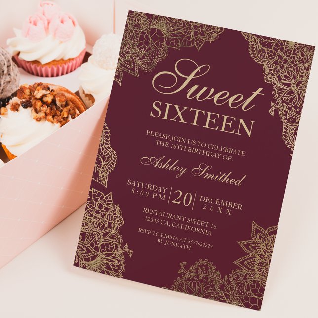 Red burgundy gold floral elegant Sweet sixteen Invitation (Creator Uploaded)