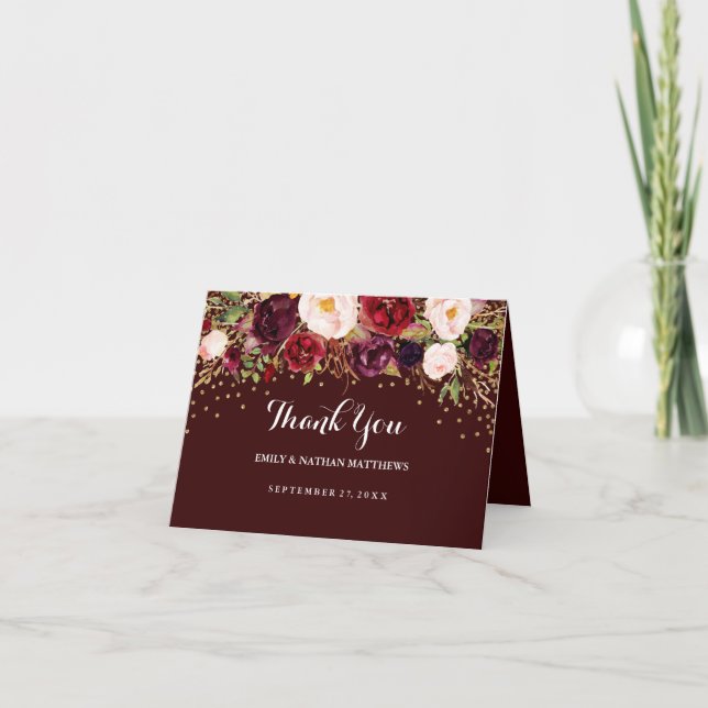 Red Burgundy Gold Floral Wedding Thank You Card (Front)