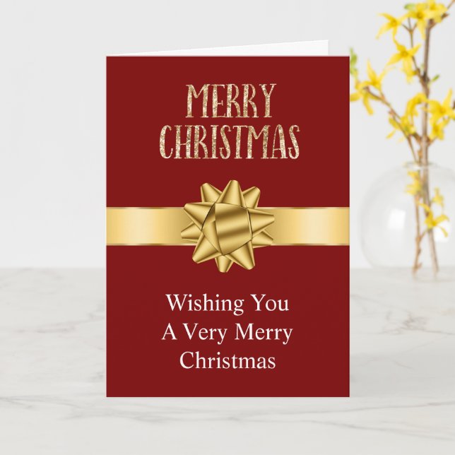 Red Burgundy Gold Glam Bows Glitter Christmas Card (Yellow Flower)