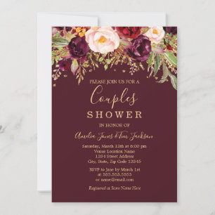 Red Burgundy Gold Glitter Floral Couples Shower Invitation
