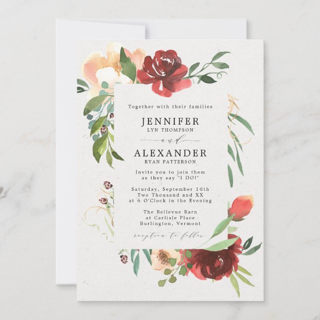 Red Burgundy Greenery Eucalyptus Floral Wedding Invitation (Front)
