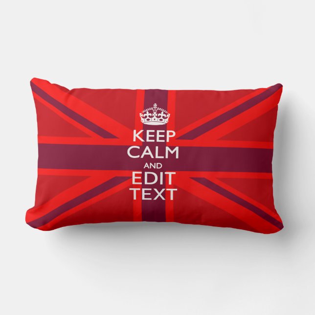 Red Burgundy Keep Calm Your Text Union Jack Flag Lumbar Cushion (Front)