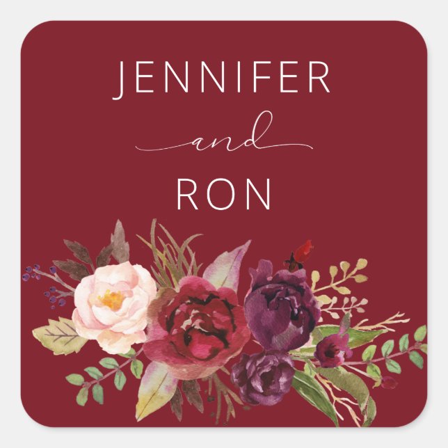 Red Burgundy Marsala Floral Name Square Sticker (Front)
