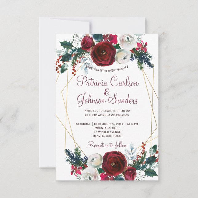 Red burgundy peonies gold geometric frame wedding invitation (Front)