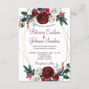 Red burgundy peonies gold geometric frame wedding invitation
