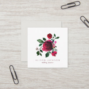 Red burgundy peony bouquet wedding planner square business card