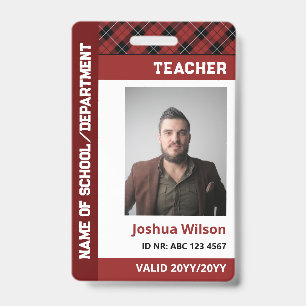Red Burgundy Plaid Photo ID School Teacher Badge
