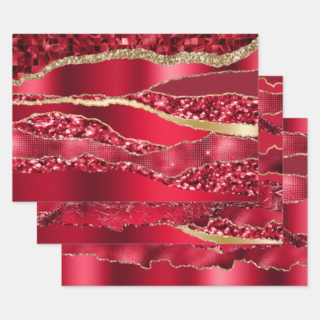 Red burgundy plum wine glitter metallic foil chic wrapping paper sheet (Set)