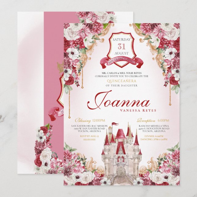 Red Burgundy Princess Castle Royal Quinceanera Invitation (Front/Back)