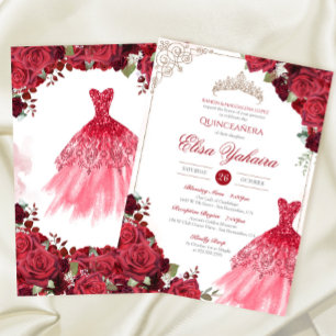 Red Burgundy Rose Elegant Sparkle Quinceanera  Invitation