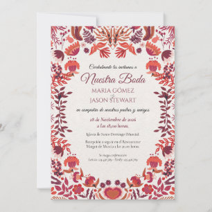 Red Burgundy Rose Floral Botanical Spanish Wedding Invitation
