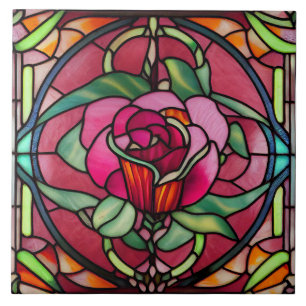 Red Burgundy Rose Floral Stained Glass Style Tile