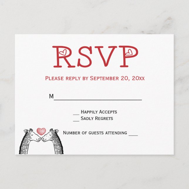 Red Burgundy RSVP Giraffe Wedding  Love Invitation Postcard (Front)