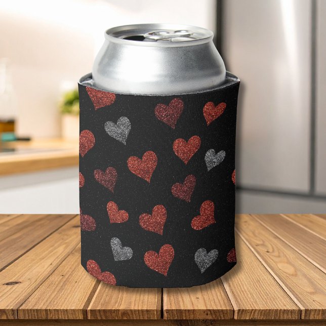 Red Burgundy Silver Glitter Hearts on Black Can Cooler (Creator Uploaded)