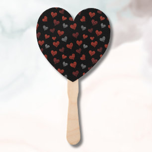 Red Burgundy Silver Glitter Hearts on Black Hand Fan