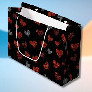 Red Burgundy Silver Glitter Hearts on Black Large Gift Bag
