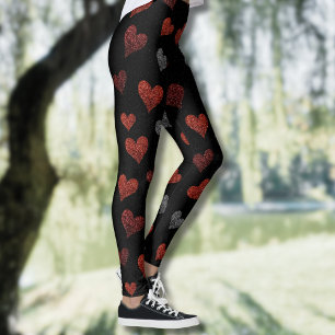 Red Burgundy Silver Glitter Hearts on Black Leggings
