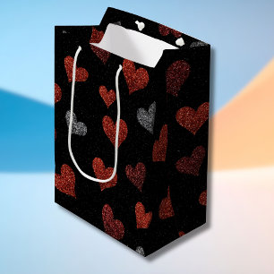 Red Burgundy Silver Glitter Hearts on Black Medium Gift Bag