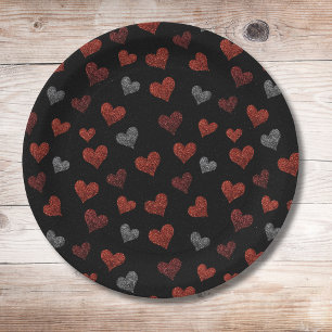 Red Burgundy Silver Glitter Hearts on Black Paper Plate