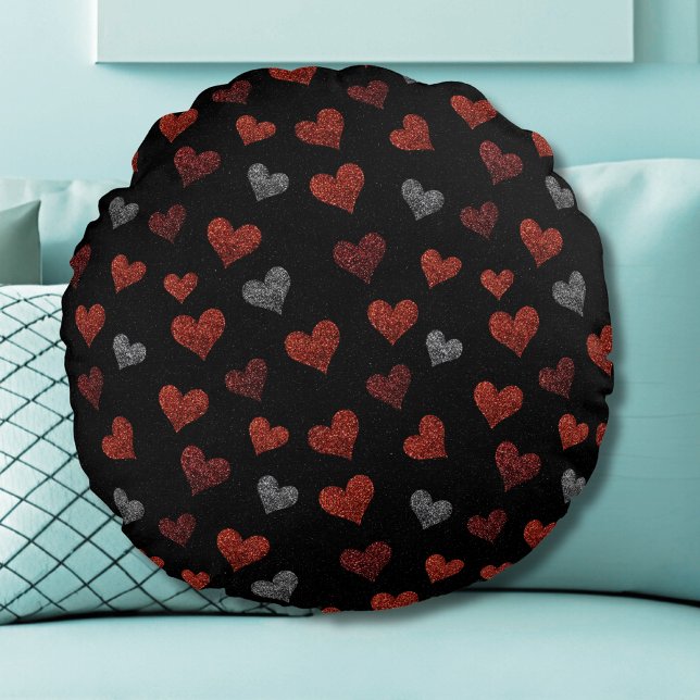 Red Burgundy Silver Glitter Hearts on Black Round Cushion (Creator Uploaded)