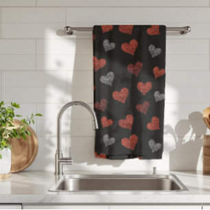 Red Burgundy Silver Glitter Hearts on Black Tea Towel