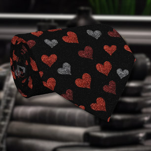 Red Burgundy Silver Glitter Hearts on Black Tie