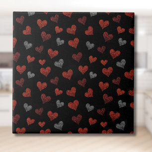 Red Burgundy Silver Glitter Hearts on Black Tile