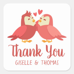 Red Burgundy Thank You Cartoon Lovebirds Wedding Square Sticker