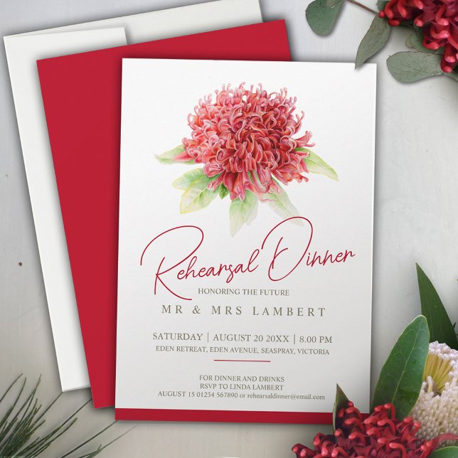 Red burgundy waratah floral rehearsal dinner invitation (Creator Uploaded)