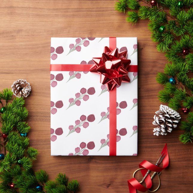 Red Burgundy Watercolor Holly Berry Christmas Wrapping Paper (Holiday Gift)