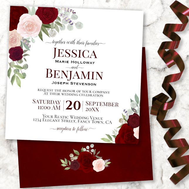 Red & Burgundy Watercolor Roses Elegant Wedding Invitation (Creator Uploaded)
