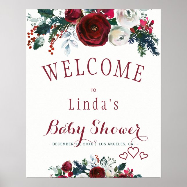 Red burgundy watercolor winter bouquet baby shower poster (Front)
