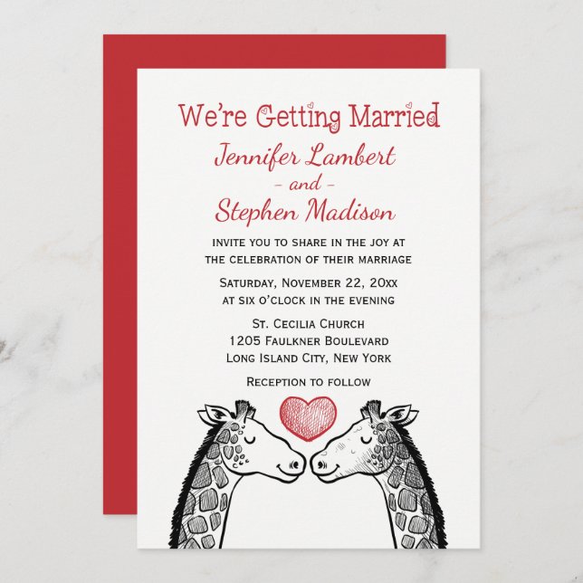 Red Burgundy Wedding Giraffe Love Heart Cartoon Invitation (Front/Back)