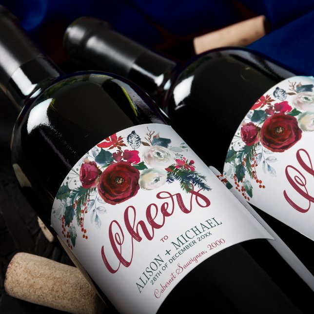 Red burgundy white floral bouquet cheers wedding wine label (Creator Uploaded)