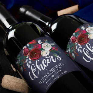 Red Burgundy White Navy Blue Floral Cheers Wedding Wine Label