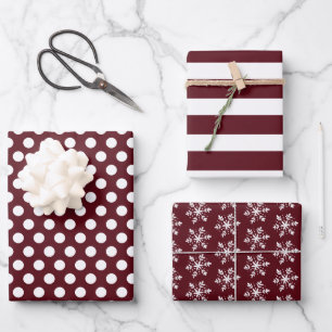Red Burgundy White Polka Dots Stripes Snowflakes Wrapping Paper Sheet