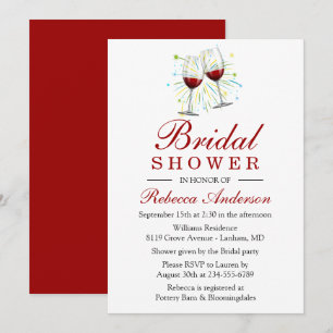 Red Burgundy Wine Champagne Glasses Bridal Shower Invitation