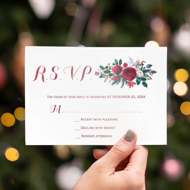 Red burgundy winter peonies floral wedding RSVP Card (Creator Uploaded)