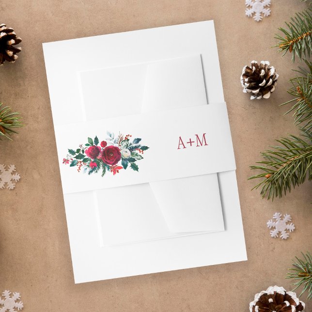 Red burgundy wionter peonies wedding monogram invitation belly band (Creator Uploaded)