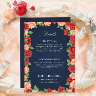Red & Burnt Orange Roses Navy Blue Wedding Details Enclosure Card