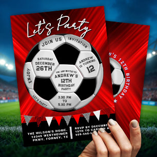 Red Burst Sporty Soccer Ball Boys Birthday Invitation