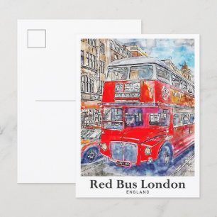 Red Bus London England Art Watercolor Hand Drawn Postcard