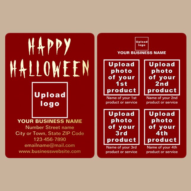 Red Business Brand on Halloween (Red business brand with products or services on Halloween foil holiday card.)