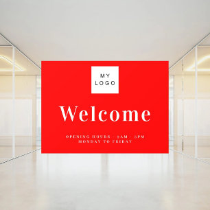 Red business logo welcome opening hours