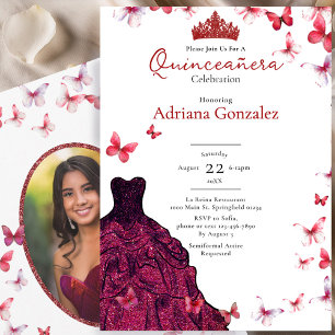 Red Butterflies Dress Photo 15 XV Quinceanera Invitation