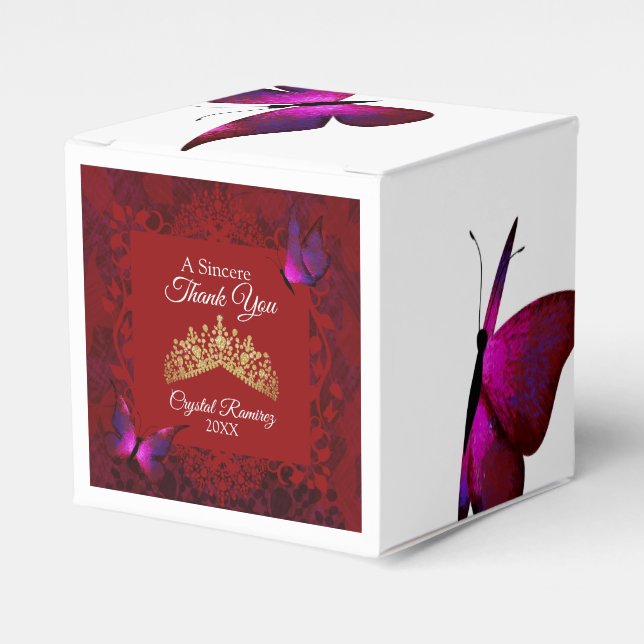 Red Butterflies, Gold Tiara Quinceanera Favour Box (Front Side)